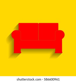 Sofa sign illustration. Vector. Red icon with soft shadow on golden background.