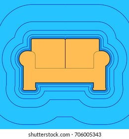 Sofa sign illustration. Vector. Sand color icon with black contour and equidistant blue contours like field at sky blue background. Like waves on map - island in ocean or sea.