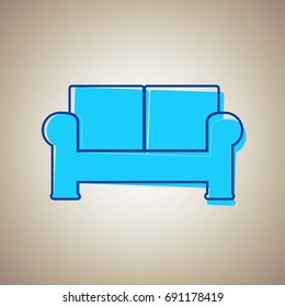 Sofa sign illustration. Vector. Sky blue icon with defected blue contour on beige background.