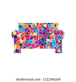 Sofa sign illustration. Vector. Stained glass icon on white background. Colorful polygons. Isolated.