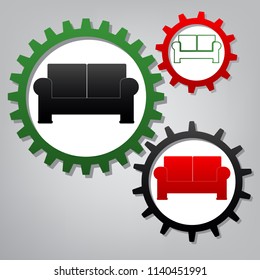 Sofa sign illustration. Vector. Three connected gears with icons at grayish background.