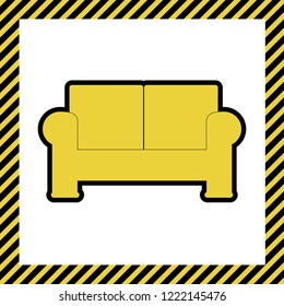 Sofa sign illustration. Vector. Warm yellow icon with black contour in frame named as under construction at white background. Isolated.