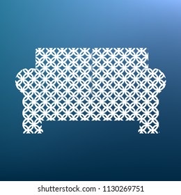 Sofa sign illustration. Vector. White textured icon at lapis lazuli gradient background.