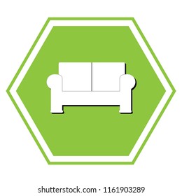 Sofa sign illustration. Vector. White icon with black shadow at yellow green honeycomb on white background.