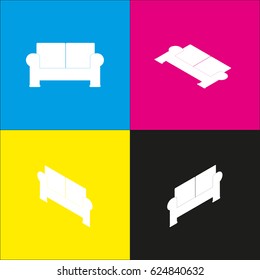Sofa sign illustration. Vector. White icon with isometric projections on cyan, magenta, yellow and black backgrounds.