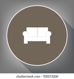 Sofa sign illustration. Vector. White icon on brown circle with white contour and long shadow at gray background. Like top view on postament.
