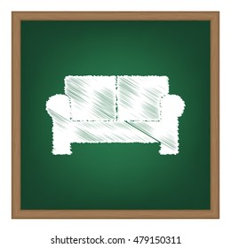 Sofa sign illustration. White chalk effect on green school board.