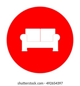 Sofa sign illustration. White icon on red circle.