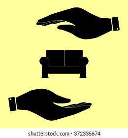 Sofa sign. Save or protect symbol by hands.