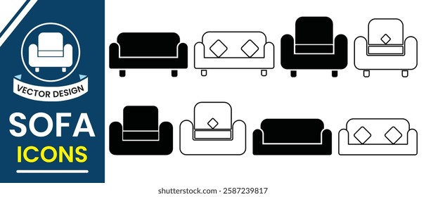Sofa silhouette sign and symbol. Sofa icon vector illustration. Set of household appliances, furniture icon, symbol. Vector illustration.