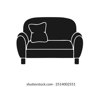 Silueta del sofá, etiqueta del emblema del icono del logotipo, aislado en el fondo blanco.