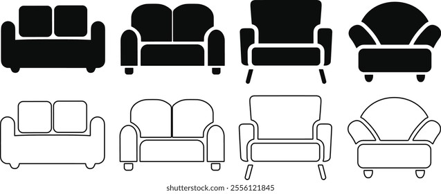 Sofa silhouettes set, couch pack of vector design