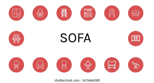 conjunto de iconos sencillos del sofá. Contiene iconos como Closet, tabla de vestir, silla, sillón, Sofá, tabla de dibujo, se pueden utilizar para web, móvil y logotipo