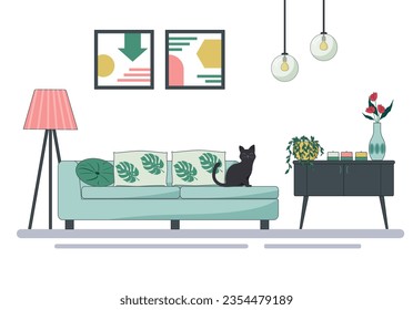 A sofa with a sitting cat, pillows, a floor lamp and a dressing table. Modern living room interior. For brochures, leaflets, flyers and other design, furniture stores. Flat vector illustration.