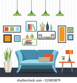Sofa with small table, home interior. Flat style vector illustration.