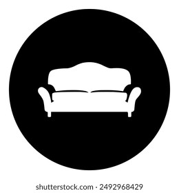 A sofa symbol in the center. Isolated white symbol in black circle. Vector illustration on white background