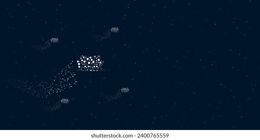 A sofa symbol filled with dots flies through the stars leaving a trail behind. Four small symbols around. Empty space for text on the right. Vector illustration on dark blue background with stars