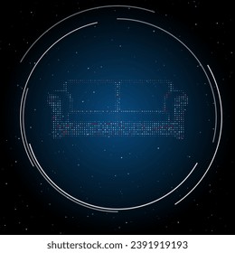 The sofa symbol filled with white dots. Pointillism style. Some dots is red. Vector illustration on blue background with stars