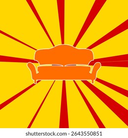 Sofa symbol on a background of red flash explosion radial lines. The large orange symbol is located in the center of the sun, symbolizing the sunrise. Vector illustration on yellow background