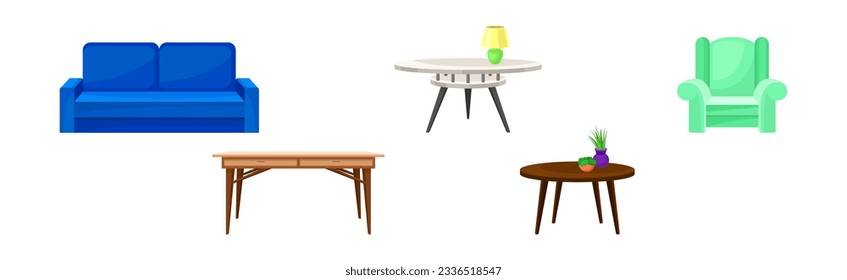 Sofa, Table and Armchair as Furniture Items Vector Set