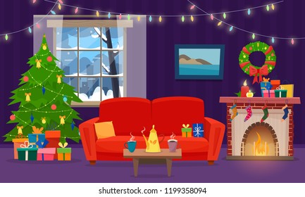 Sofa with table, cup of tea, cookies and pillow. Christmas fireplace with gifts, socks  and candles. Winter window with lights. Flat cartoon style vector illustration.