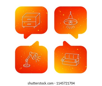 Sofa, table lamp and nightstand icons. Ceiling lamp linear sign. Orange Speech bubbles with icons set. Soft color gradient chat symbols. Vector