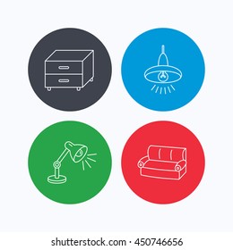 Sofa, table lamp and nightstand icons. Ceiling lamp linear sign. Linear icons on colored buttons. Flat web symbols. Vector