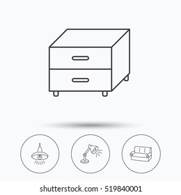 Sofa, table lamp and nightstand icons. Ceiling lamp linear sign. Linear icons in circle buttons. Flat web symbols. Vector