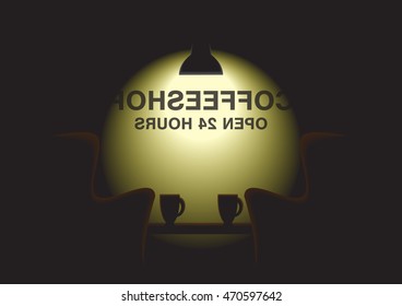 Sofa and table with two coffee mugs at coffee shop at night