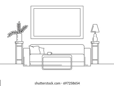 Sofa, table, vase with flowers. Bedside table, desk lamp. Frame on the wall for Fitting Your information. Linear sketch of the interior in a modern style.