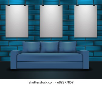 Sofa and three posters mockup. Home interior illustration with blue brick wall.