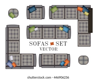 Sofa Top View. Sofas and Armchair Set. Realistic Illustration. Modern Luxury Living Room. Furniture for Your Interior Design. Scene Creator. Bench and Poufs. Isolated Grey Sofas with Stitching