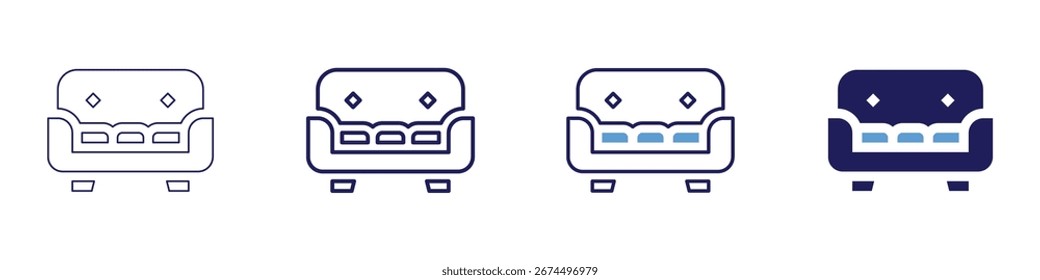 Sofá ícone de comércio em 4 estilos diferentes. Linha Fina, Linha, Linha Negrito, Duotônico. Estilo duotônico. Traçado editável.