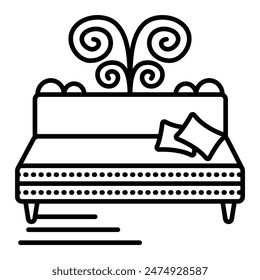 Sofá con dos almohadas, ilustración de línea negra de un solo Vector de una cama, signo monocromo de contorno de sofá, trazo editable, píxel perfecto