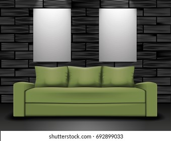 Sofa and two posters mockup. Home interior illustration with black brick wall.