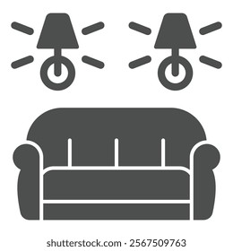 Sofa and two sconces lamp solid icon, house interior concept. Vector graphics. Couch with lightbulb lamp sign on white background, glyph style icon for mobile or web design