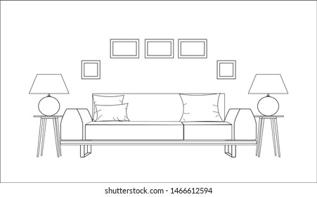 sofa with two table lamps on the sides minimal stock vector illustration