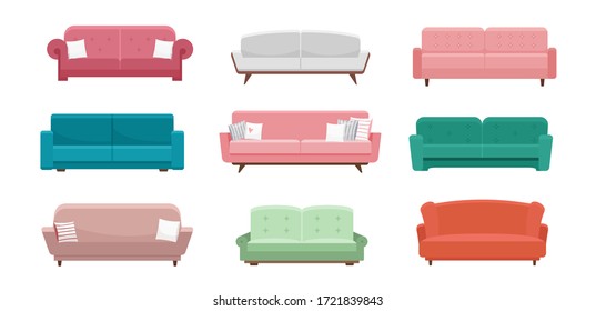 Набор векторных иллюстраций дивана. Мультяшный плоский дизайн мебели для диванов, современное уютное кресло разного цвета, меблированный интерьер гостиной для домашней квартиры или офиса, изолированный на белом