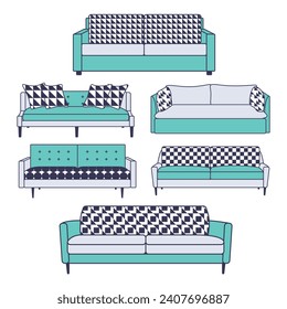 Sofa vector illustration set with retro pattern style