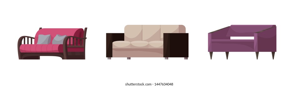 Sofa vector modern furniture couch seat furnished interior design of living-room at apartment home illustration furnishing isometric set of modern armchair sofa-bed settee isolated on white background