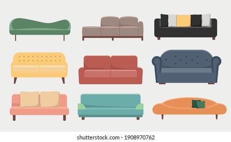 Sofa vector set. Collection of color sofa. Flat couch.