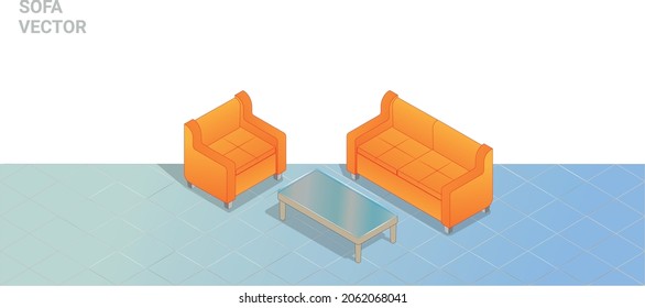 Sofa Vector with table orange colored leather isometric 3D illustration.