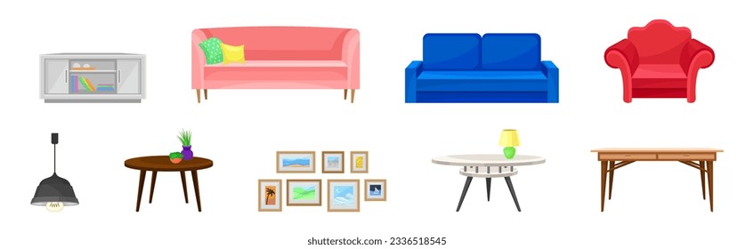 Sofa, Wall Pictures, Table, Armchair and Bookshelf as Furniture Items Vector Set