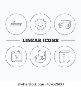 Sofa, wall shelf and armchair icons. Chest of drawers linear sign. Flat cogwheel and calendar symbols. Linear icons in circle buttons. Vector