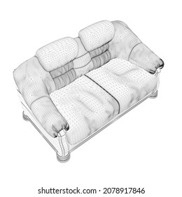 Sofa-Wireframe aus schwarzen Linien einzeln auf weißem Hintergrund. Isometrische Sicht. 3D. Vektorgrafik