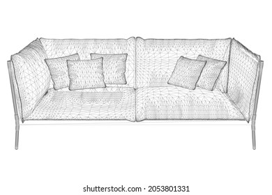 Sofa wireframe with pillows from black lines isolated on white background. 3D. Vector illustration