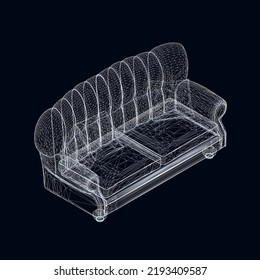 Sofa wireframe with pillows made of white lines isolated on a dark background. Isometric view. 3D. Vector illustration.