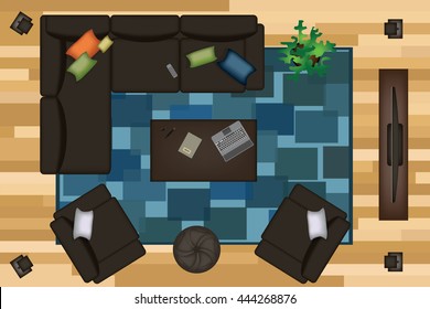 Sofas Armchair Set. Furniture, Pouf, Carpet, TV, Plants, Side Table for Your Interior Design. Flat Vector Illustration. Top View. Scene Creator