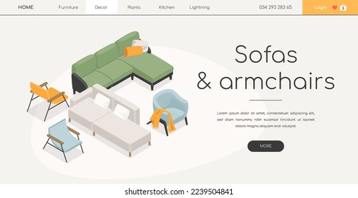 Sofás y sillones - Banner web isométrico de diseño de línea sobre fondo blanco con espacio para copiar texto. Un encabezado con muebles diferentes para sentarse o tumbarse. Relajación, idea textil agradable