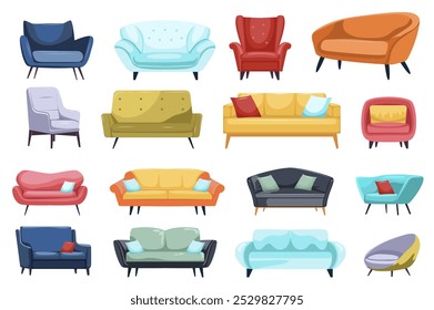 Sofas and armchairs mega set elements in flat graphic design. Collection objects of different styles and colors couches, ottomans and chairs with pillows. Home interior furniture. Vector illustration.